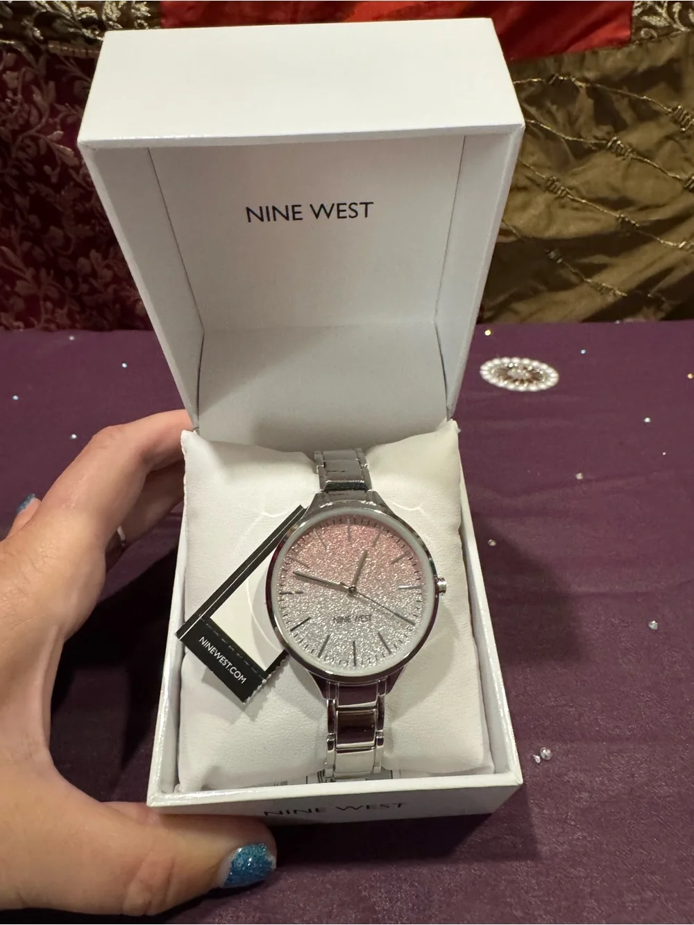 Nine West Silver Bracelet Watch with Pink and Silver Glitter Dial